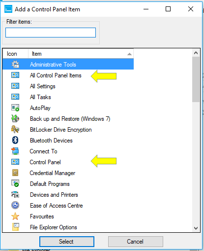 How to view all control panel items windows 10